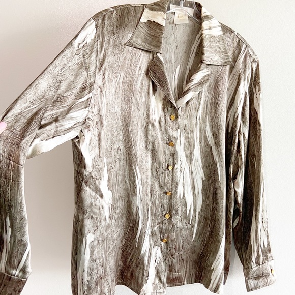 Escada Silk Blouse Taupe Cream Marble Print Button Up Shirt Top Size 44 14 - Picture 2 of 10